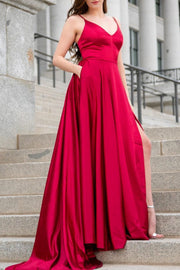 Chic Satin A-Line V-Neck Spaghetti Straps With Train Bridesmaid Dress