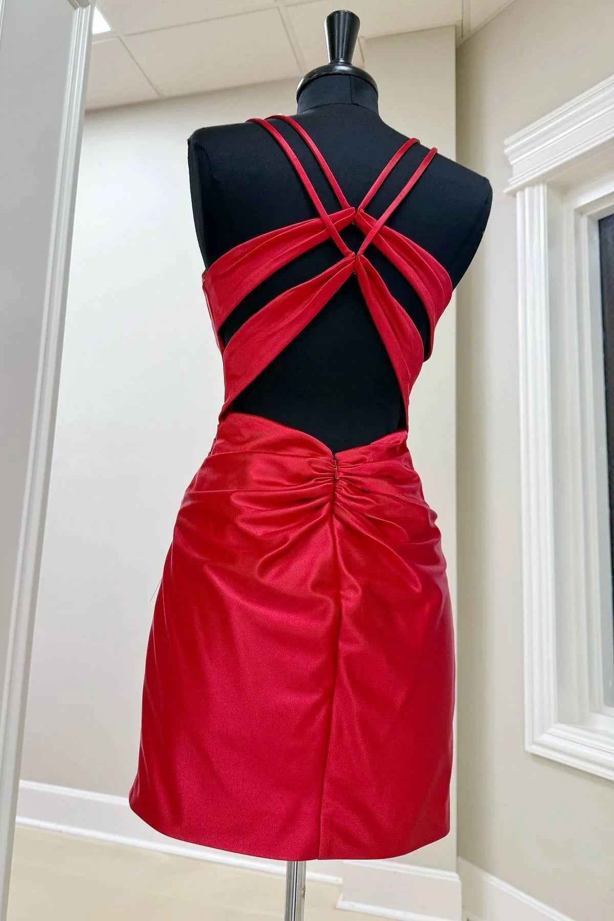 Chic Satin Fitted Double Straps Open Back Homecoming Dress