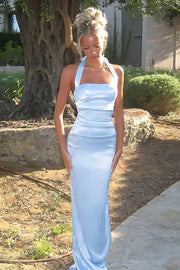 Chic Satin Fitted Square Halter Backless Party Prom Dress