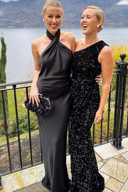 Chic Satin Halter Backless Long Bridesmaid Dress