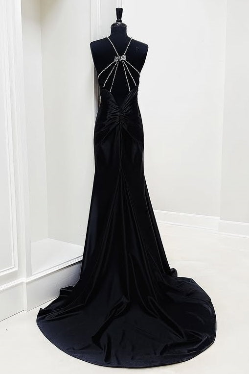 Chic Satin Mermaid Sleeveless Beaded Party Prom Dress