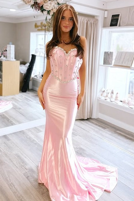 Chic Satin Mermaid Sweetheart Backless Beaded Party Prom Dress