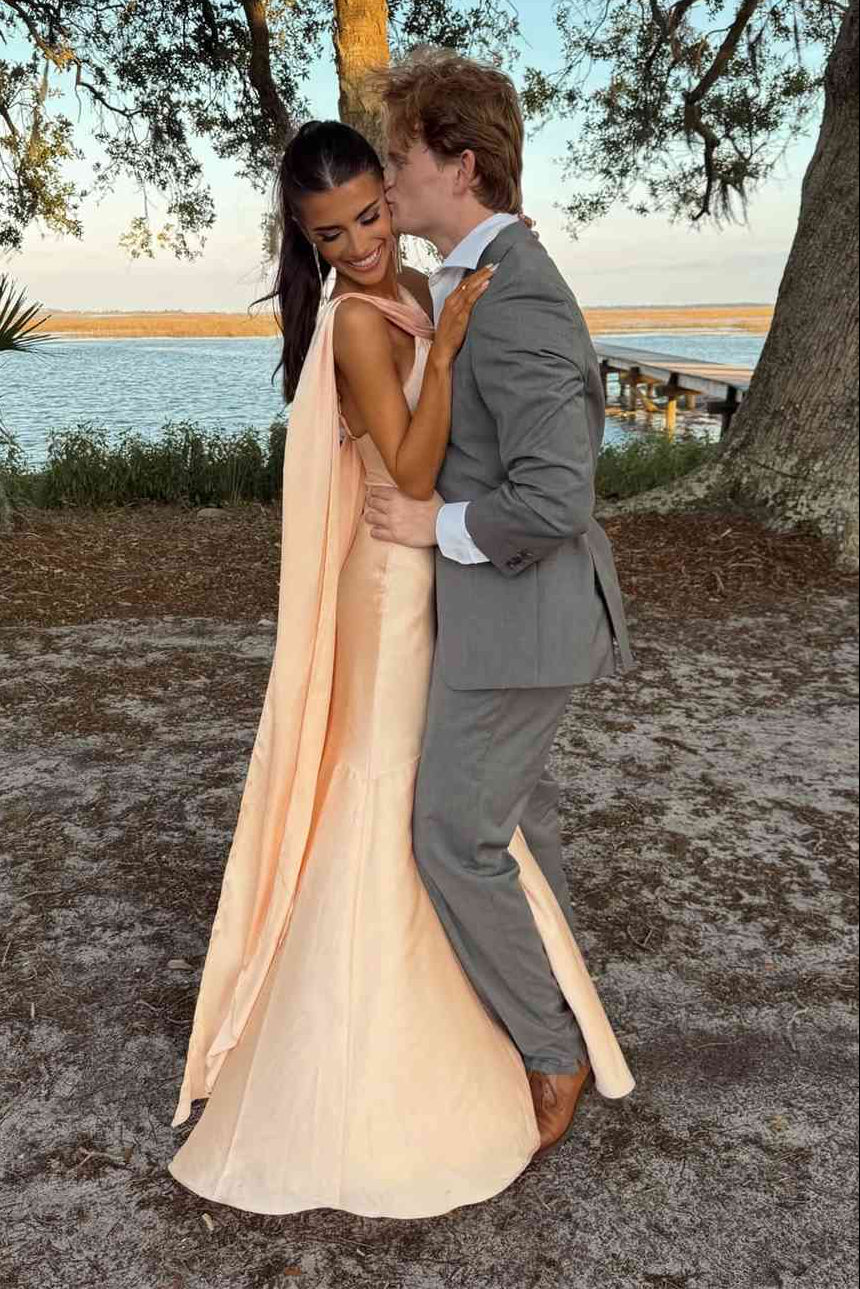 Chic Satin Mermaid V-Neck Long Party Prom Dress With Shawl