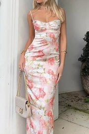 Chic Satin Spaghetti Straps Floral Party Prom Dress