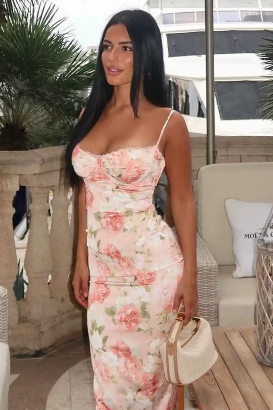 Chic Satin Spaghetti Straps Floral Party Prom Dress