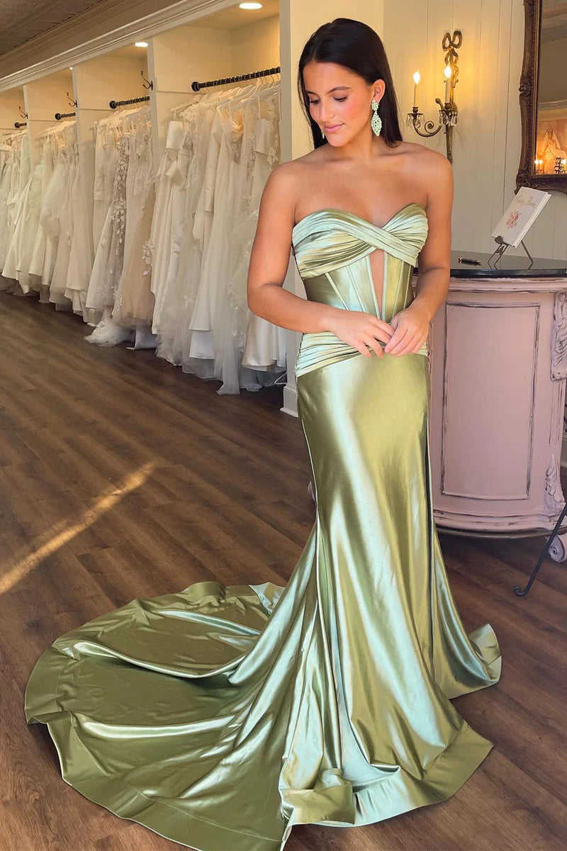 Chic Satin Trumpet Sweetheart Strapless With Train Prom Dress