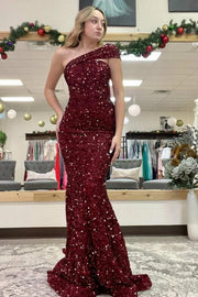 Chic Sequins One Shoulder Sleeveless With Train Trumpet Prom Dress