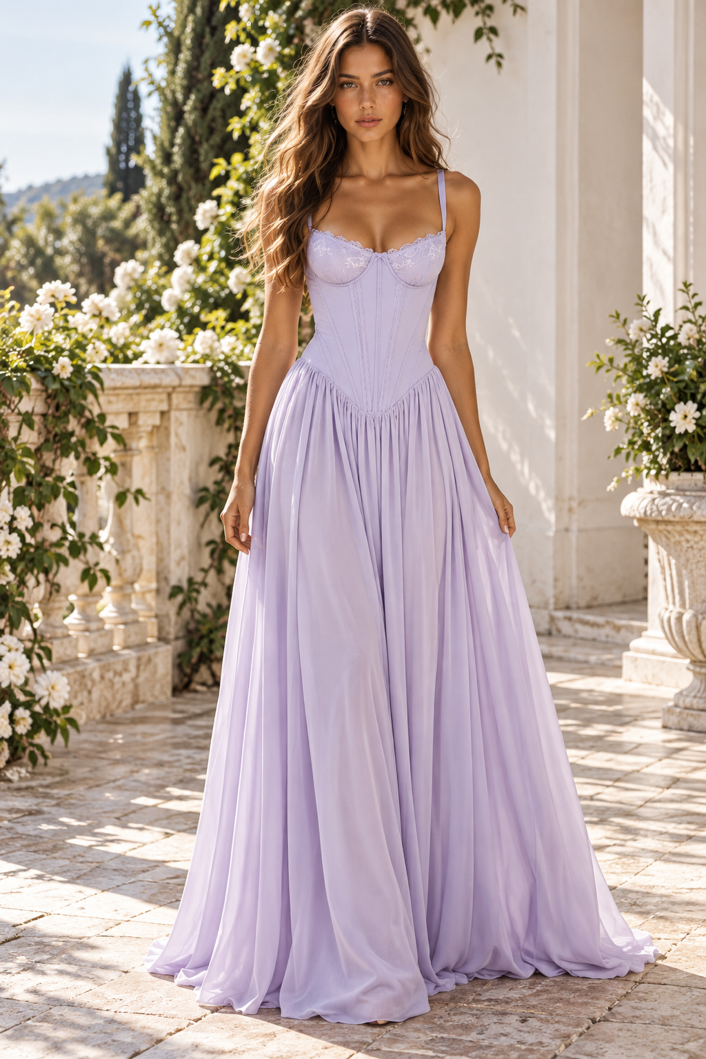 Chic Spaghetti Straps Lace And Chiffon Maxi Sweetheart Party Prom Dress