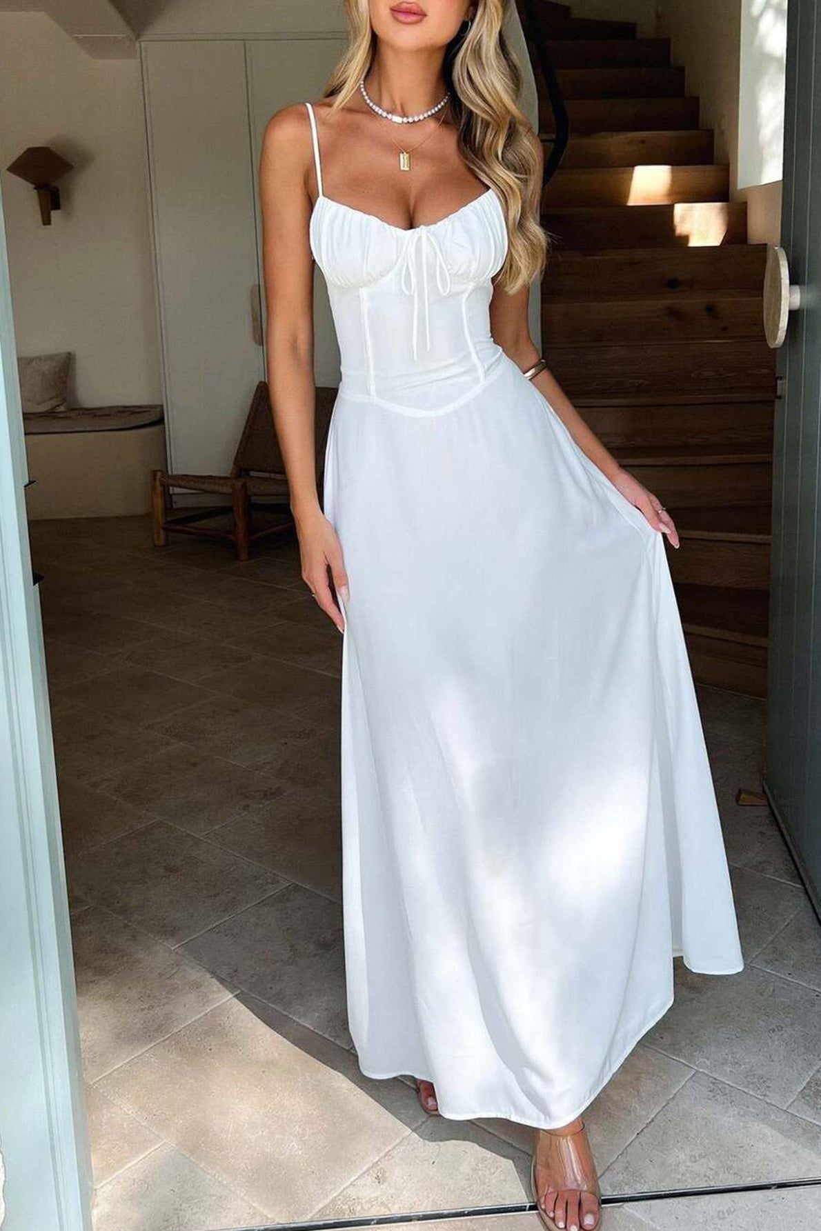 Chic Spaghetti Straps Satin A-Line Long Party Evening Dress