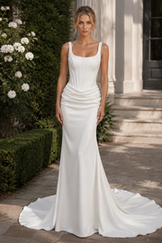 Chic Square Straps Lace-Up Mermaid Satin Ruched Empire Wedding Dress