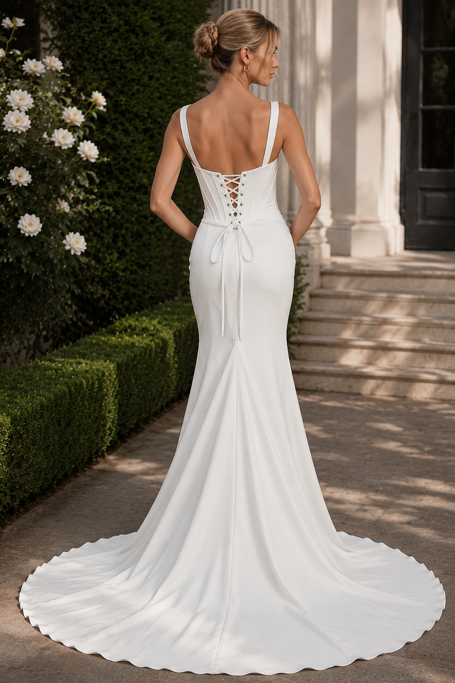 Chic Square Straps Lace-Up Mermaid Satin Ruched Empire Wedding Dress