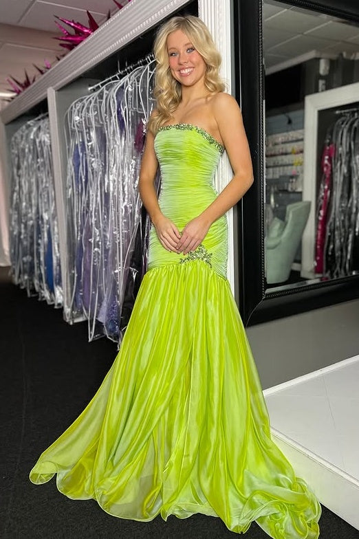 Chic Strapless Empire Beaded Chiffon Long Party Prom Dress
