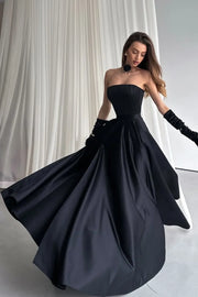 Chic Strapless High Waist Black Satin Party Prom Dress With Leg Slit