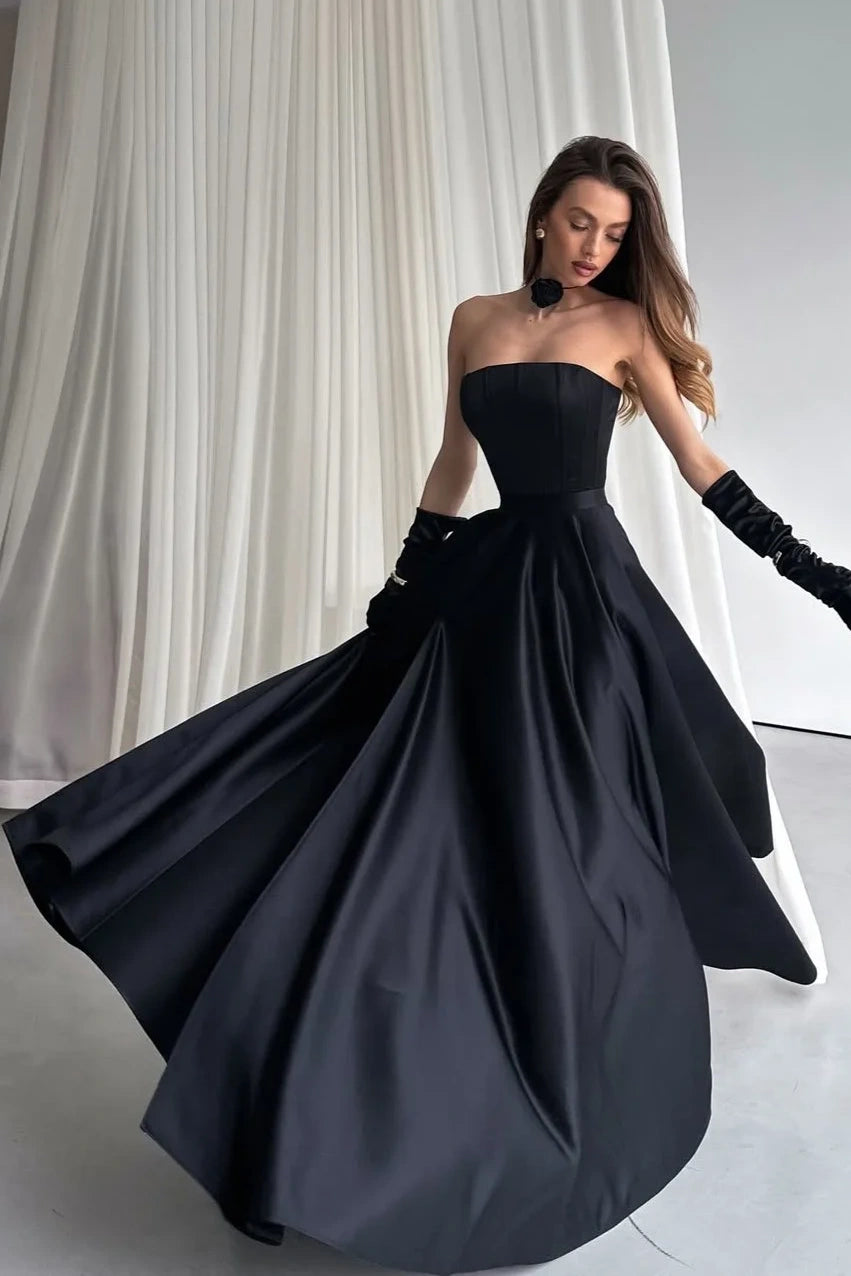 Chic Strapless High Waist Black Satin Party Prom Dress With Leg Slit