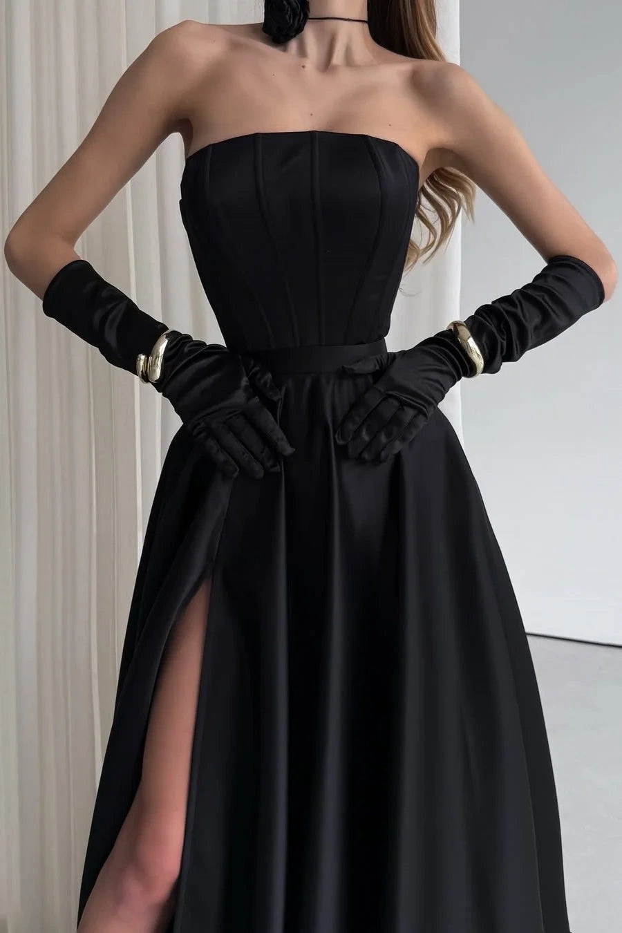 Chic Strapless High Waist Black Satin Party Prom Dress With Leg Slit