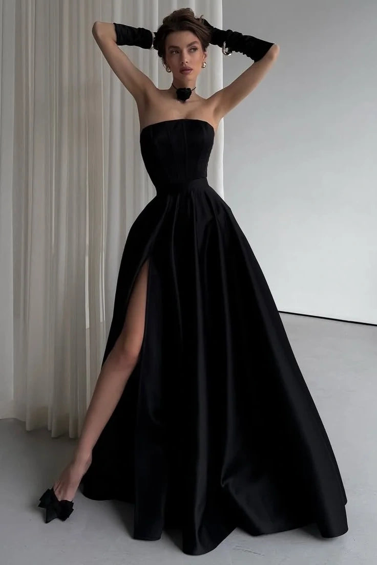 Chic Strapless High Waist Black Satin Party Prom Dress With Leg Slit