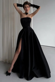 Chic Strapless High Waist Black Satin Party Prom Dress With Leg Slit