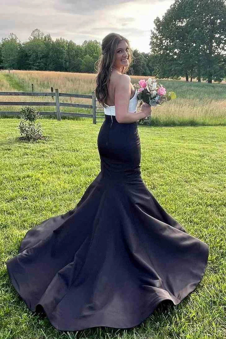 Chic Strapless Satin Mermaid Long Party Prom Dress With Train
