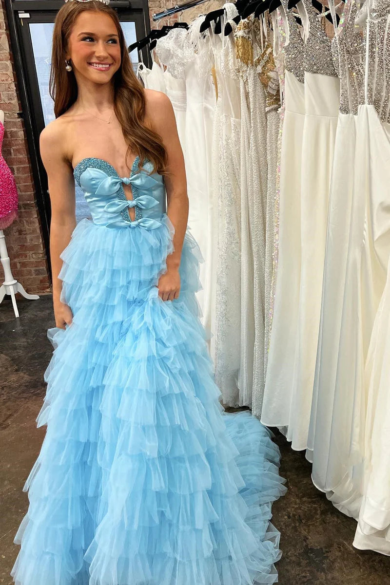 Chic Sweetheart Strapless Beaded Tiered Prom Dress