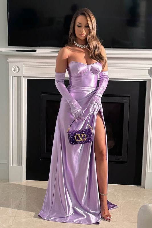 Chic Sweetheart Strapless Satin A-Line Party Prom Dress With Slit