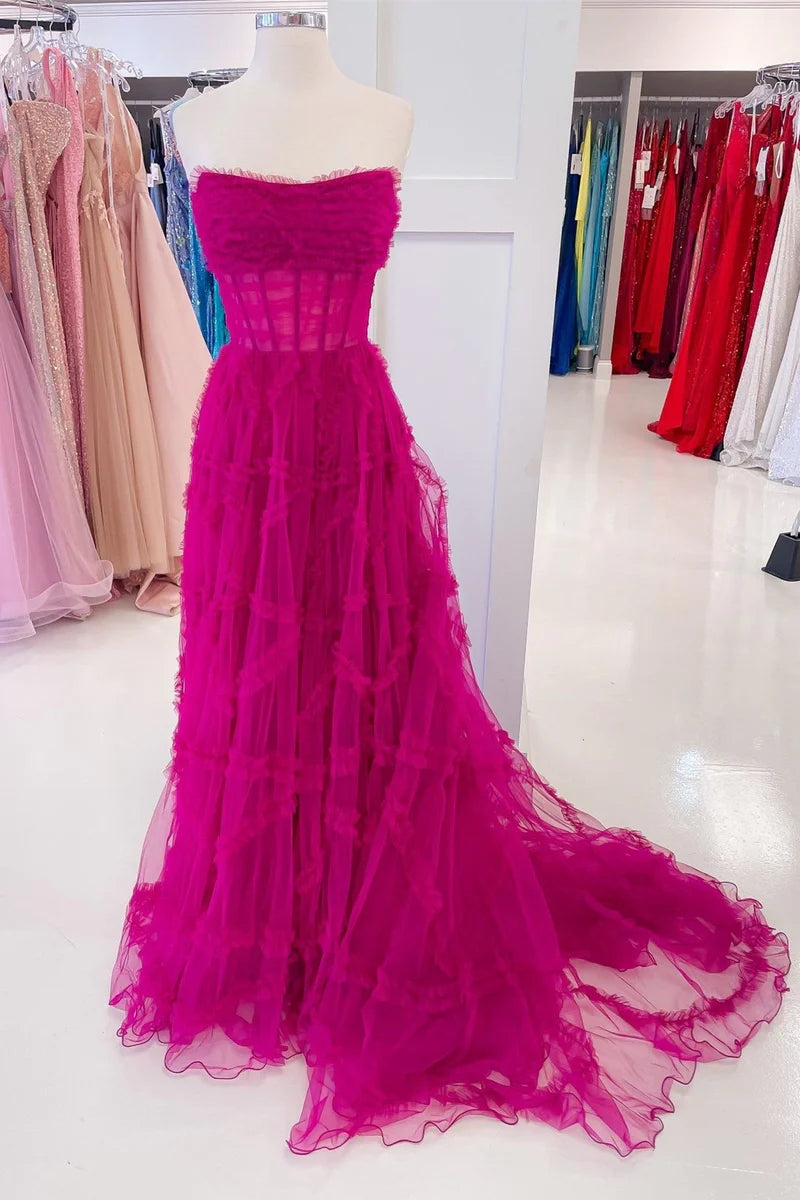 Chic Tulle A-Line Bateau Strapless With Train Prom Dress