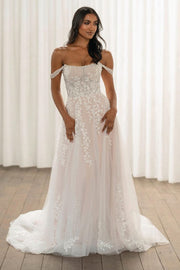 Chic Tulle A-Line Empire Off-Shoulder Lace Appliques Wedding Dress