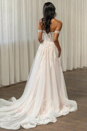 Chic Tulle A-Line Empire Off-Shoulder Lace Appliques Wedding Dress