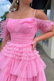 Chic Tulle A-Line Off-Shoulder Beaded Feathers Homecoming Dress