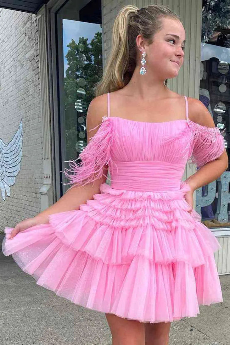 Chic Tulle A-Line Off-Shoulder Beaded Feathers Homecoming Dress | Joyofdress Chic Tulle A-Line Off-Shoulder Beaded Feathers Homecoming Dress | Joyofdress