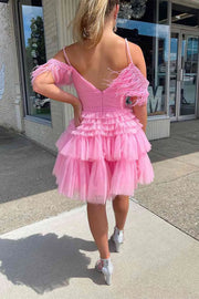 Chic Tulle A-Line Off-Shoulder Beaded Feathers Homecoming Dress