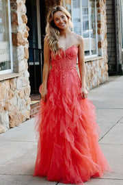 Chic Tulle A-Line Strapless Appliques Prom Party Dress