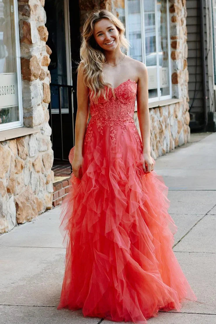 Chic Tulle A-Line Strapless Appliques Prom Party Dress