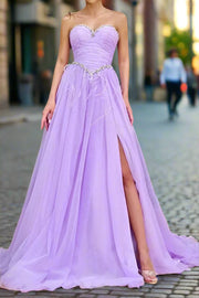 Chic Tulle A-Line Strapless Beaded Feathers Party Prom Dress