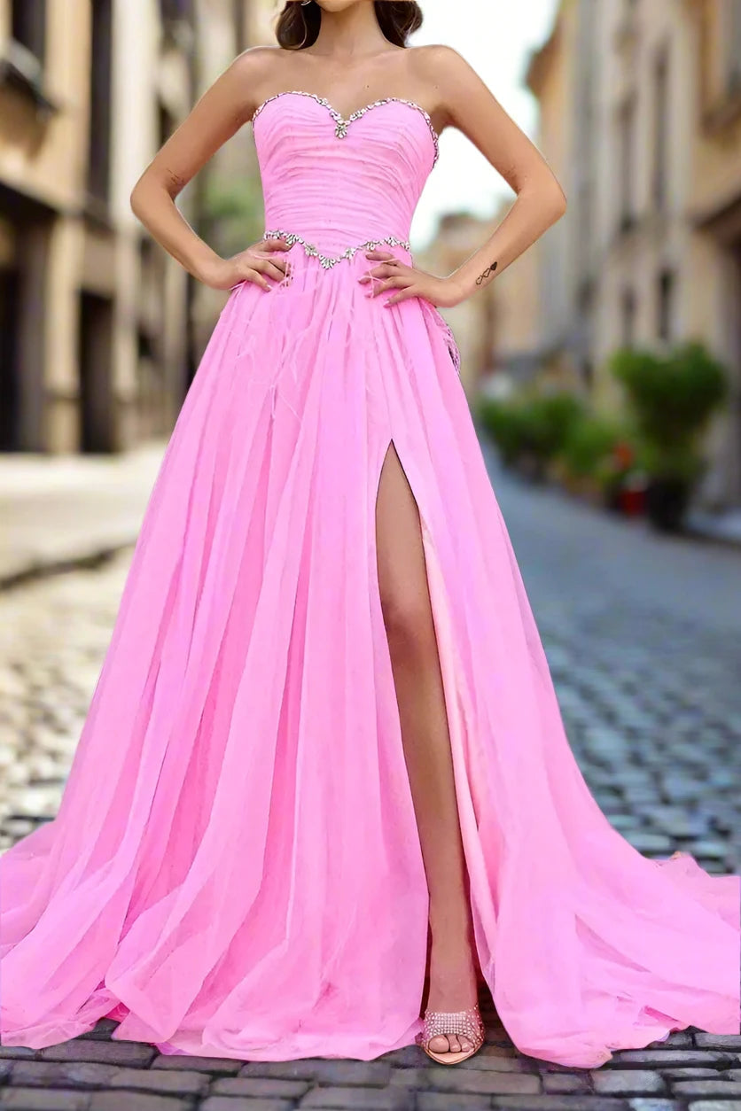 Chic Tulle A-Line Strapless Beaded Feathers Party Prom Dress