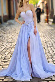 Chic Tulle A-Line Strapless Beaded Feathers Party Prom Dress