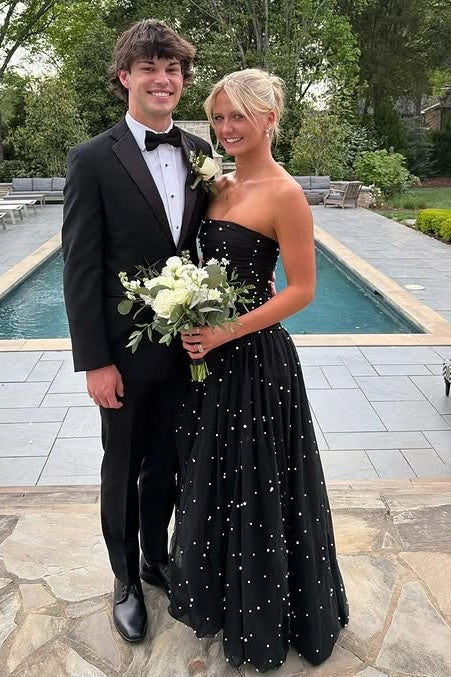 Chic Tulle A-Line Strapless Empire Maxi Party Prom Dress With Pearls