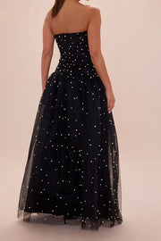 Chic Tulle A-Line Strapless Empire Maxi Party Prom Dress With Pearls