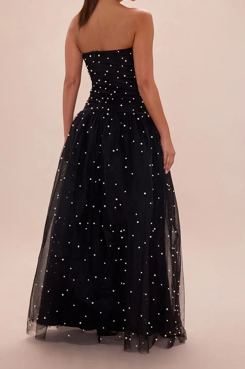Chic Tulle A-Line Strapless Empire Maxi Party Prom Dress With Pearls