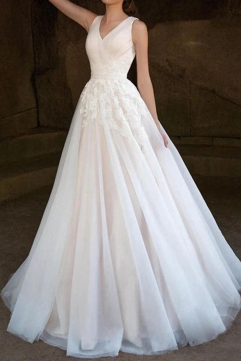 Chic Tulle A-Line V-Neck Open Back Empire Appliques Wedding Dress