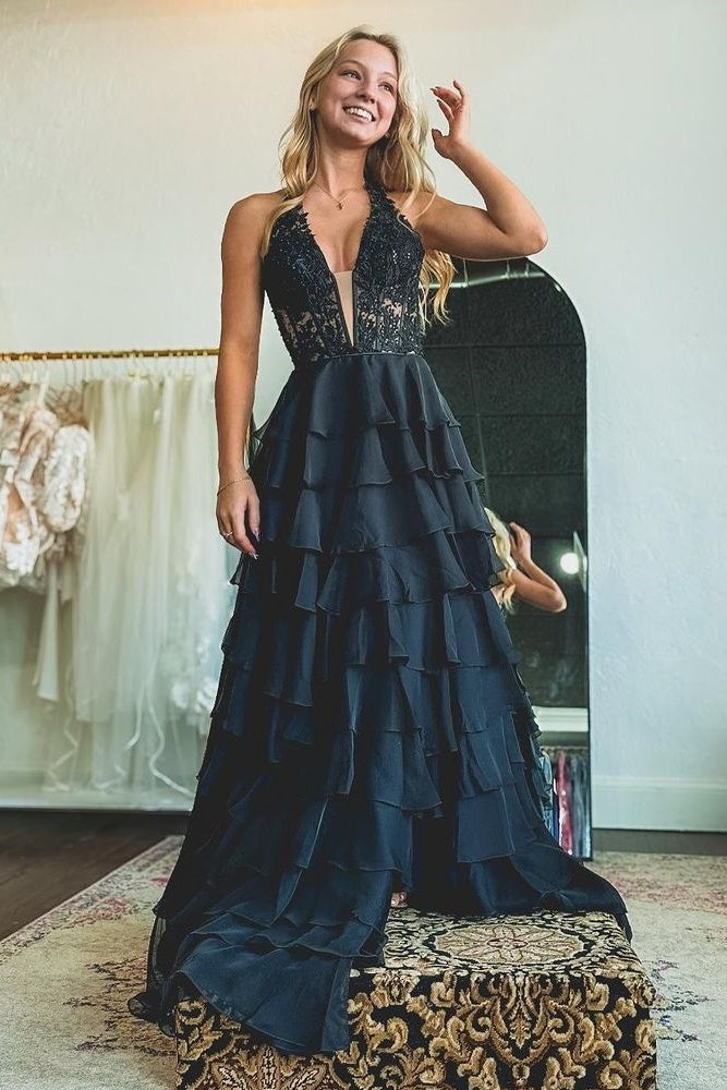 Chic V-Neck Halter Empire A-Line Tiered Party Prom Dress