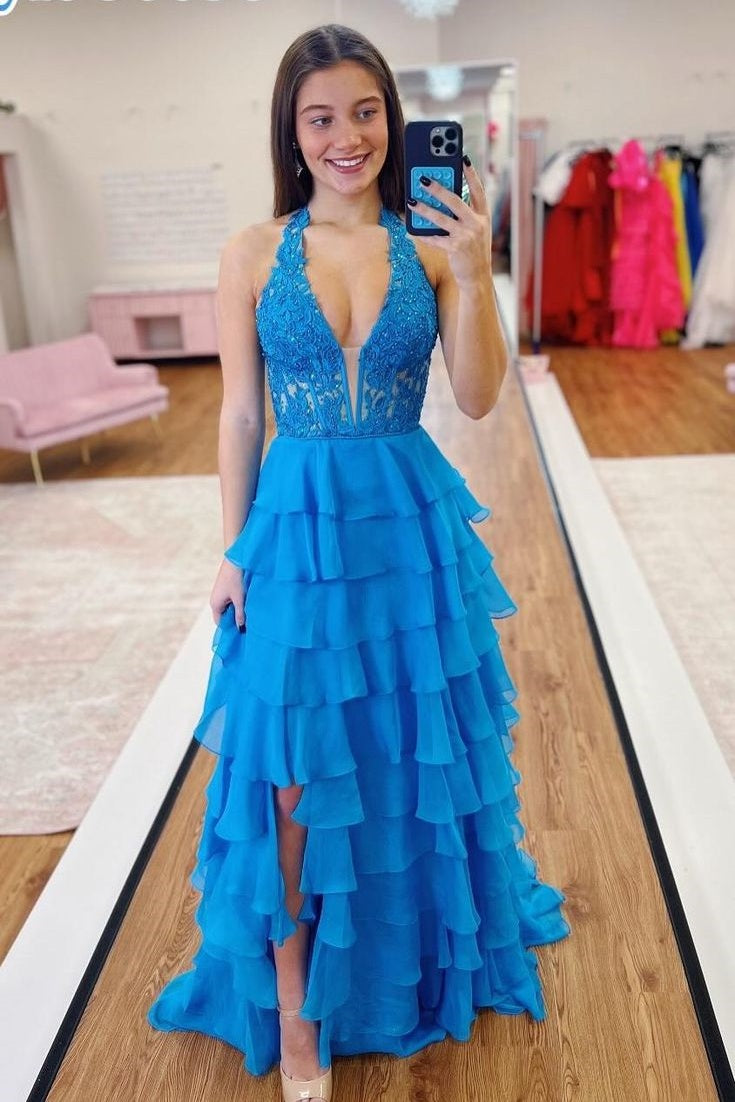 Chic V-Neck Halter Empire A-Line Tiered Party Prom Dress