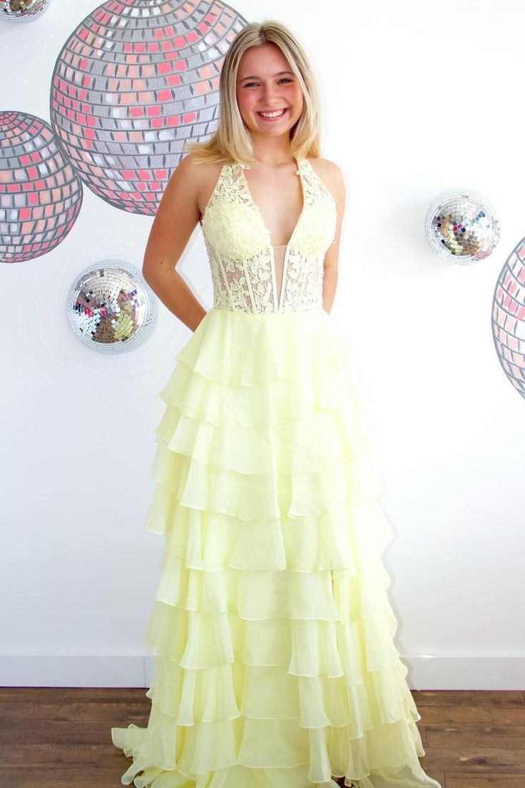 Chic V-Neck Halter Empire A-Line Tiered Party Prom Dress