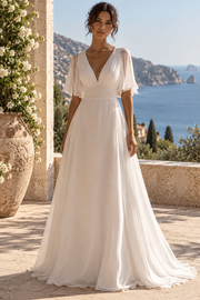 Chic V-Neck Short Sleeves Empire Chiffon A-Line Summer Wedding Dress