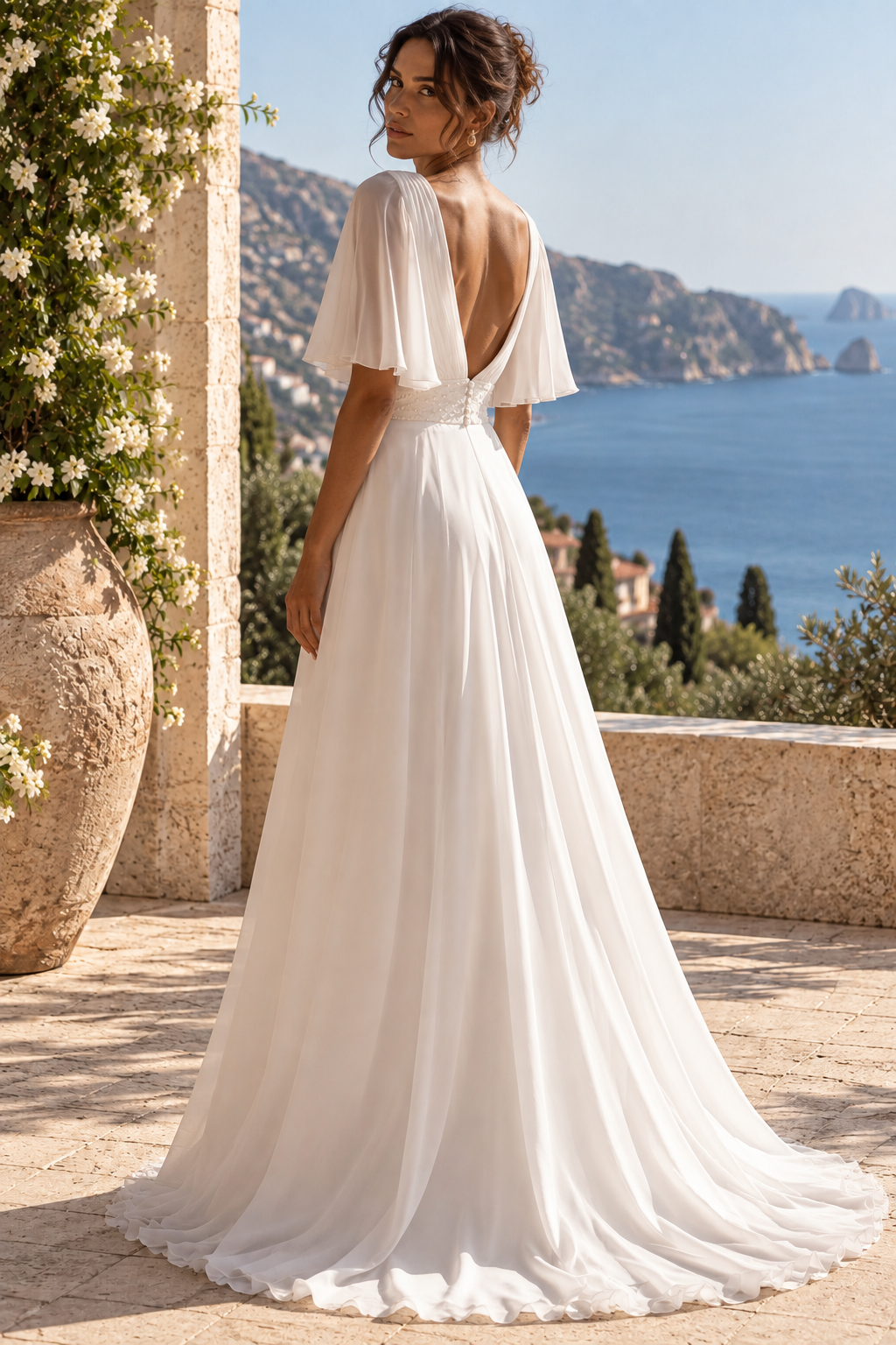 Chic V-Neck Short Sleeves Empire Chiffon A-Line Summer Wedding Dress