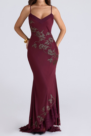 Chic V-Neck Spaghetti Straps Appliques Prom Party Dress