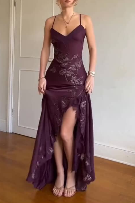 Chic V-Neck Spaghetti Straps Appliques Prom Party Dress