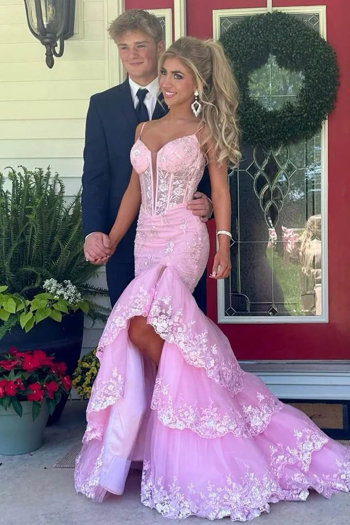 Chic V-Neck Spaghetti Straps Lace Mermaid Prom Dress