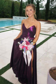 Chic V-Neck Strapless Pleated Satin Party Prom Dress With Slit