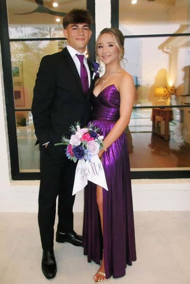 Chic V-Neck Strapless Pleated Satin Party Prom Dress With Slit