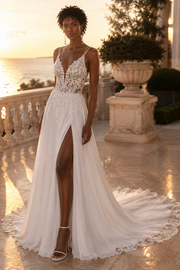Chic V-Neck Straps Lace And Chiffon Empire A-Line Split Wedding Dress